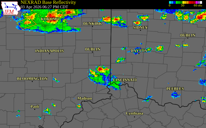 NEXRAD radar during the Friday, April 3, 2026 storm activity in Franklin County, Indiana