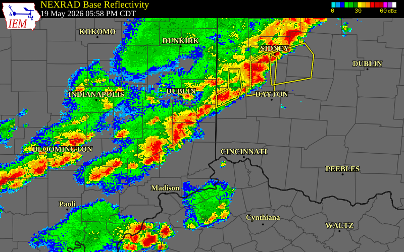 NEXRAD radar during the Tuesday, May 19, 2026 storm activity in Franklin County, Indiana