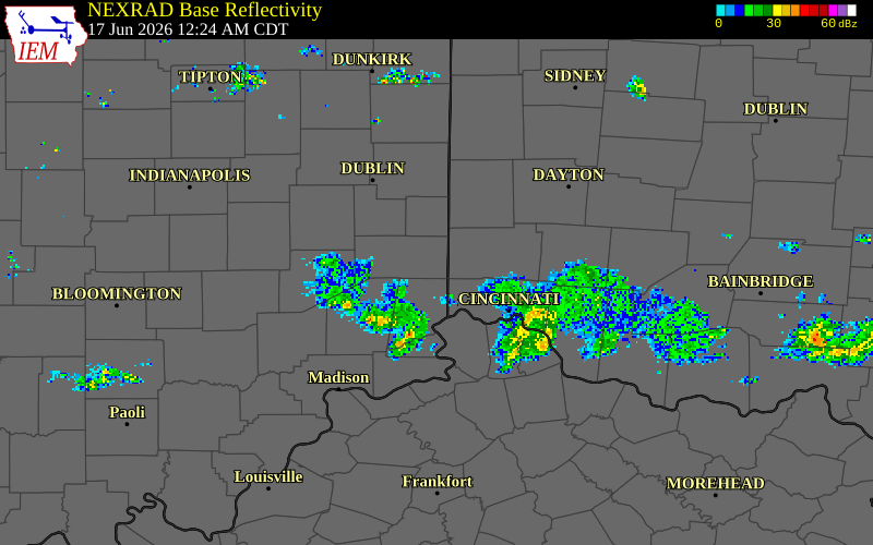 NEXRAD radar during the Wednesday, June 17, 2026 storm activity in Franklin County, Indiana