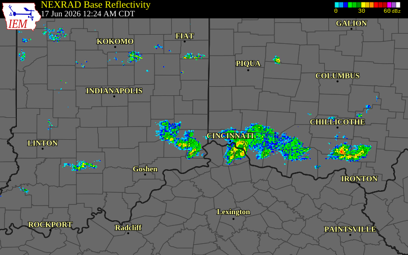 Radar snapshot during the Jun 17, 2026 tornado event near 3 ESE Cedar Grove, Franklin County, Indiana, with NWS warning polygons