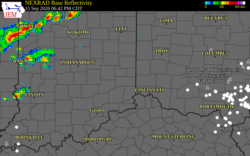 Current NEXRAD radar over Franklin County, Indiana with recent storm report locations