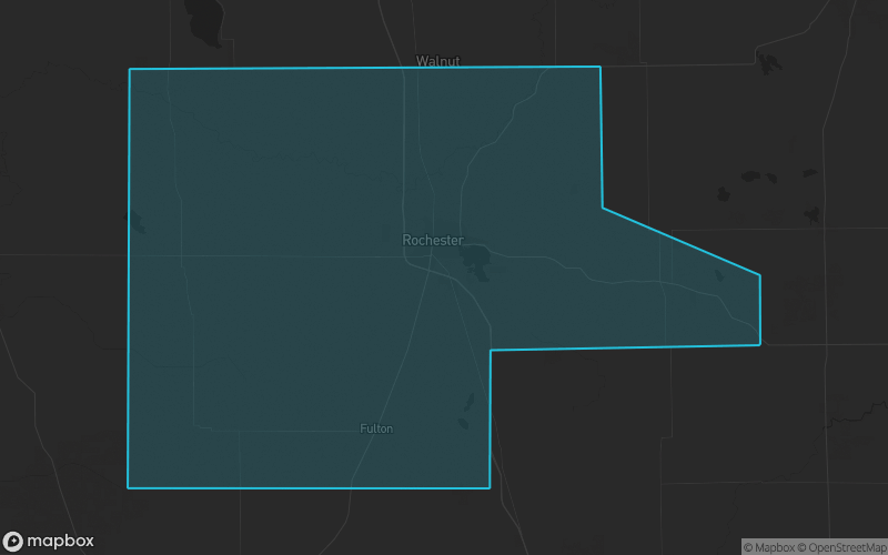 Map of Fulton County, Indiana showing the county boundary and surrounding cities