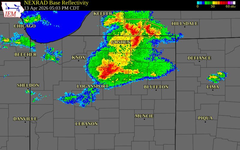 NEXRAD radar during the Monday, April 13, 2026 storm activity in Fulton County, Indiana