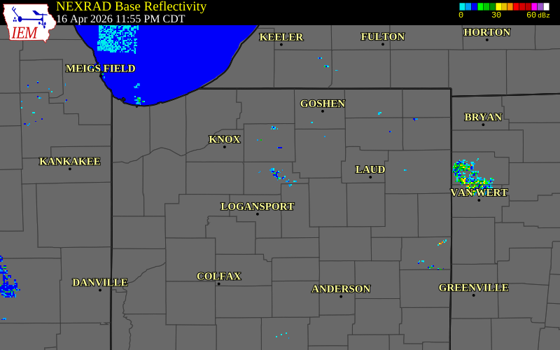 NEXRAD radar during the Friday, April 17, 2026 storm activity in Fulton County, Indiana