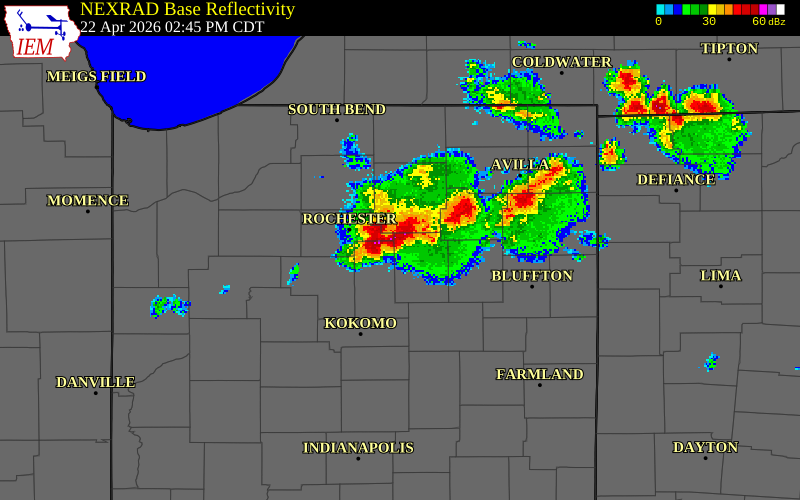 NEXRAD radar during the Wednesday, April 22, 2026 storm activity in Fulton County, Indiana