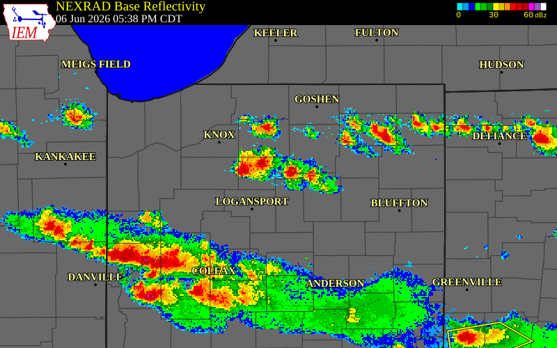 NEXRAD radar during the Saturday, June 6, 2026 storm activity in Fulton County, Indiana