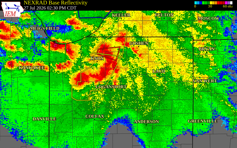 NEXRAD radar during the Monday, July 27, 2026 storm activity in Fulton County, Indiana