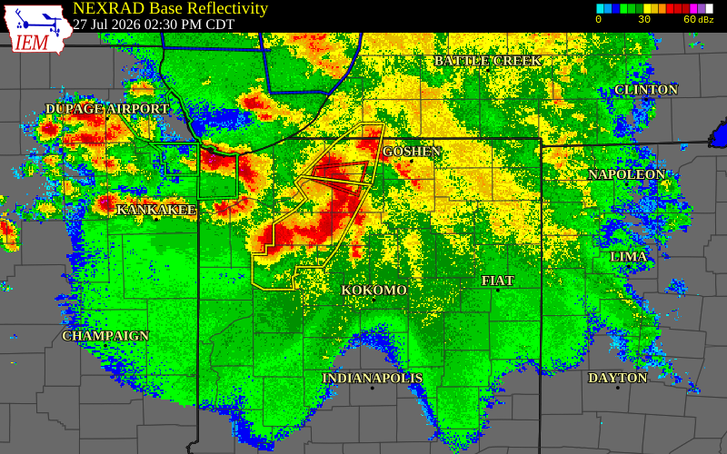 Radar snapshot during the Jul 27, 2026 wind event near 1 W Rochester, Fulton County, Indiana, with NWS warning polygons