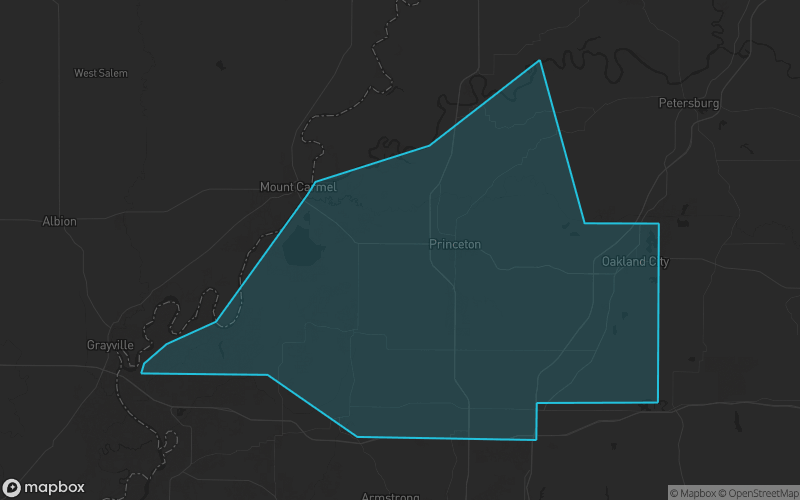 Map of Gibson County, Indiana showing the county boundary and surrounding cities