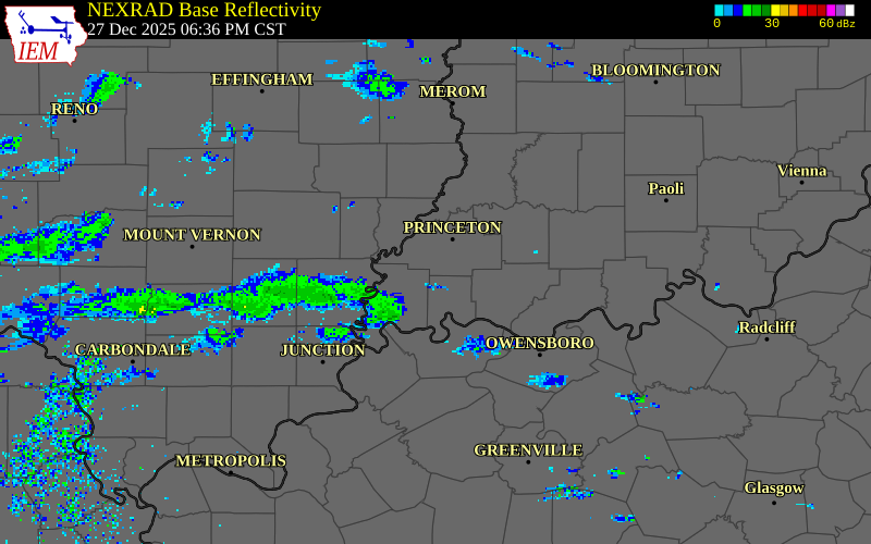 NEXRAD radar during the Saturday, December 27, 2025 storm activity in Gibson County, Indiana
