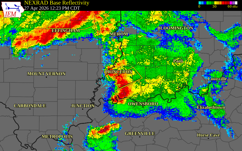 NEXRAD radar during the Monday, April 27, 2026 storm activity in Gibson County, Indiana