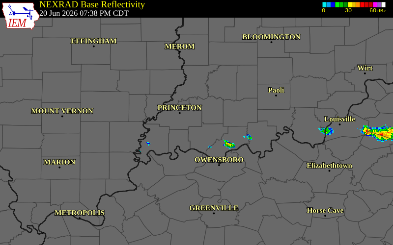 NEXRAD radar during the Saturday, June 20, 2026 storm activity in Gibson County, Indiana
