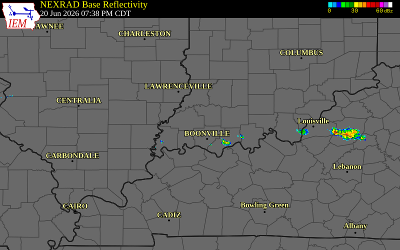 Radar snapshot during the Jun 20, 2026 tornado event near 1 ENE Mackey, Gibson County, Indiana, with NWS warning polygons