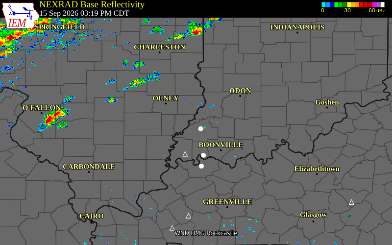 Current NEXRAD radar over Gibson County, Indiana with recent storm report locations