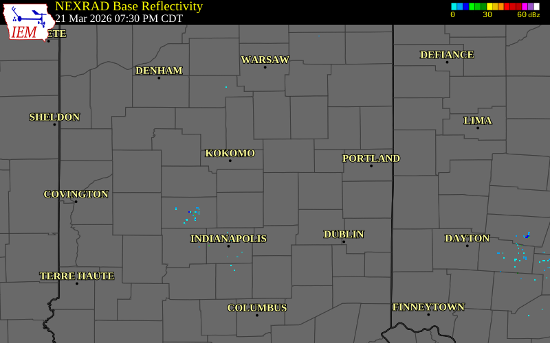 NEXRAD radar during the Saturday, March 21, 2026 storm activity in Grant County, Indiana