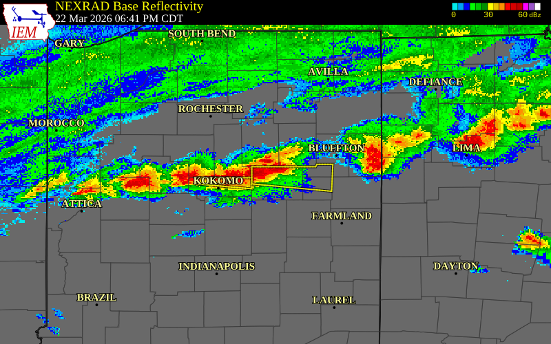 NEXRAD radar during the Sunday, March 22, 2026 storm activity in Grant County, Indiana