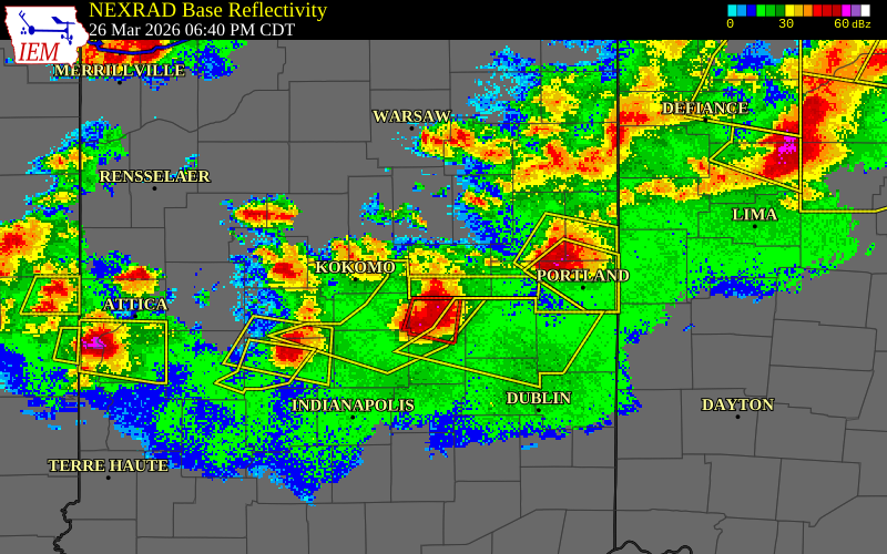 NEXRAD radar during the Thursday, March 26, 2026 storm activity in Grant County, Indiana