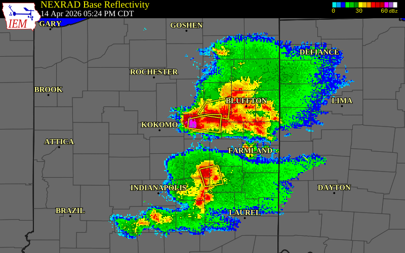 NEXRAD radar during the Tuesday, April 14, 2026 storm activity in Grant County, Indiana