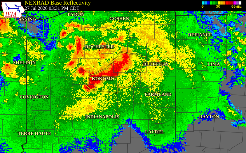 NEXRAD radar during the Monday, July 27, 2026 storm activity in Grant County, Indiana