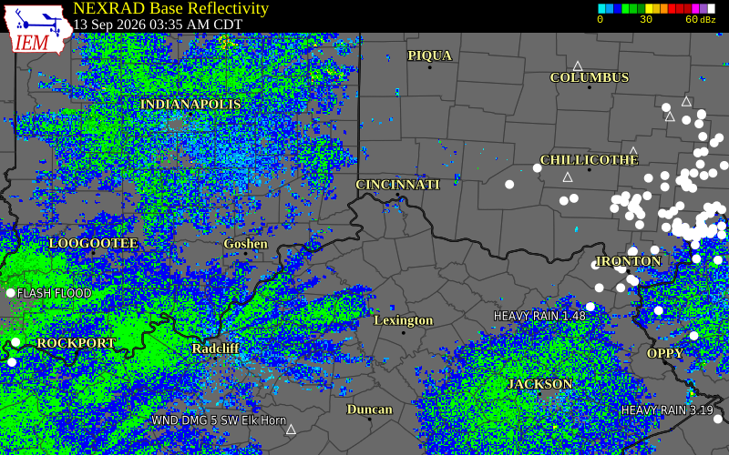 Current NEXRAD radar over Grant County, Indiana with recent storm report locations