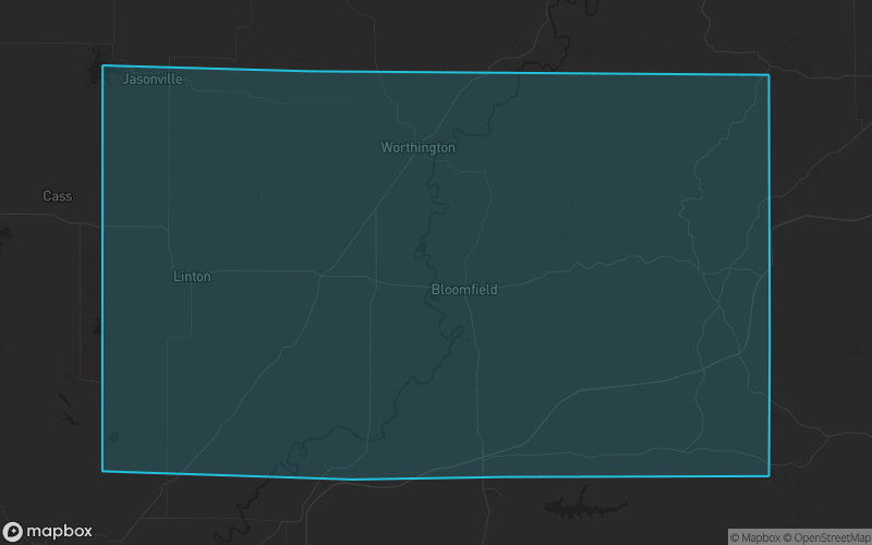 Map of Greene County, Indiana showing the county boundary and surrounding cities