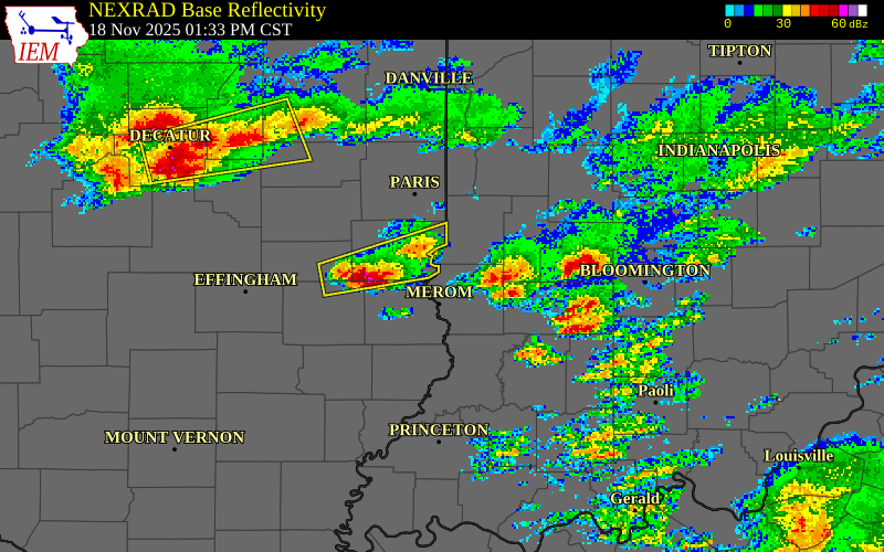 NEXRAD radar during the Tuesday, November 18, 2025 storm activity in Greene County, Indiana