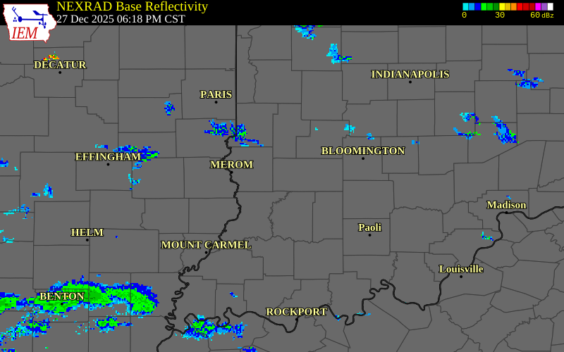 NEXRAD radar during the Saturday, December 27, 2025 storm activity in Greene County, Indiana