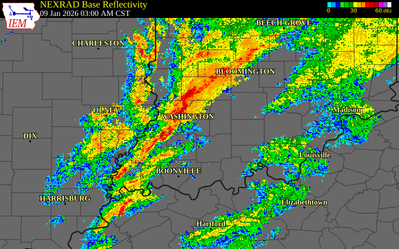NEXRAD radar during the Friday, January 9, 2026 storm activity in Greene County, Indiana