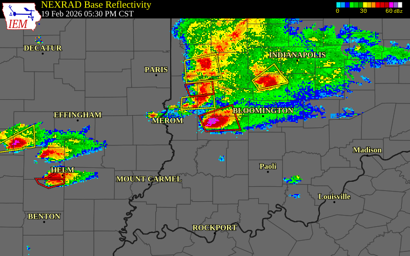 NEXRAD radar during the Thursday, February 19, 2026 storm activity in Greene County, Indiana