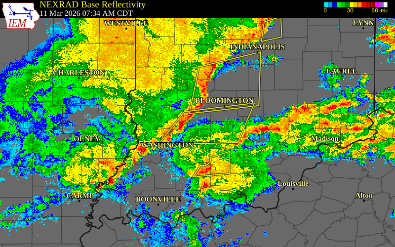 NEXRAD radar during the Wednesday, March 11, 2026 storm activity in Greene County, Indiana