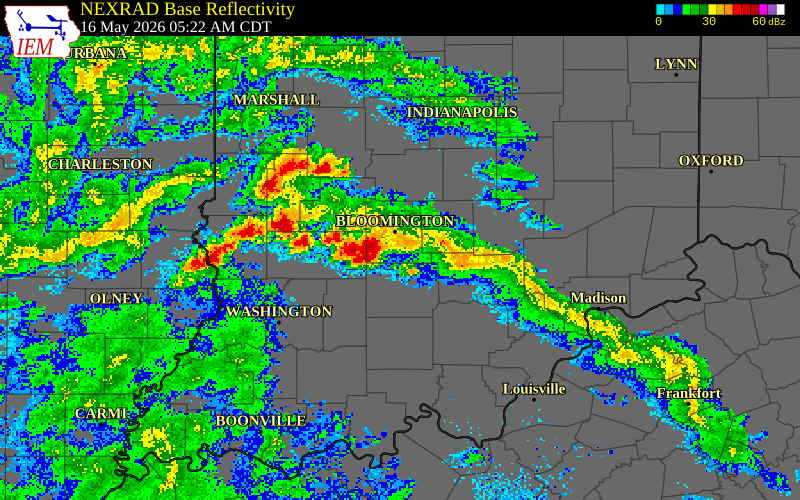 NEXRAD radar during the Saturday, May 16, 2026 storm activity in Greene County, Indiana