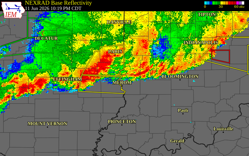 NEXRAD radar during the Thursday, June 11, 2026 storm activity in Greene County, Indiana