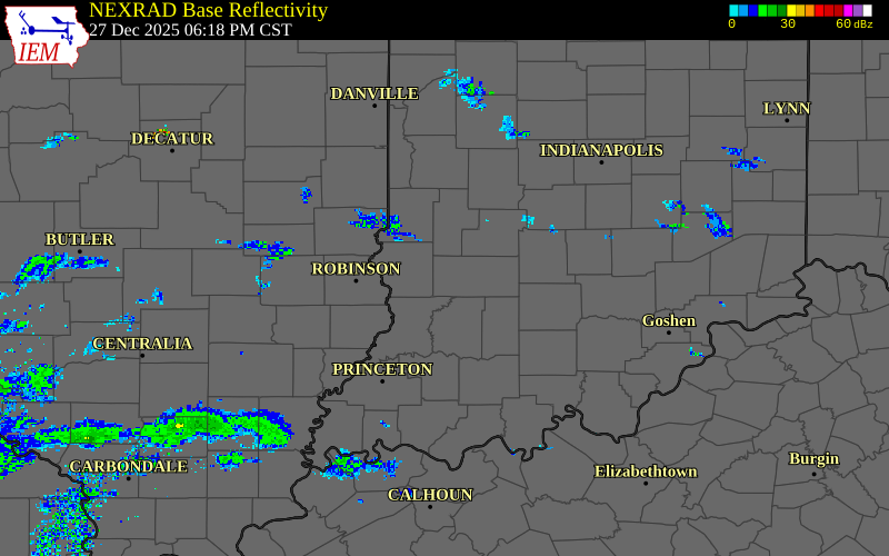 Radar snapshot during the Dec 27, 2025 tornado event near 1 WSW Linton, Greene County, Indiana, with NWS warning polygons