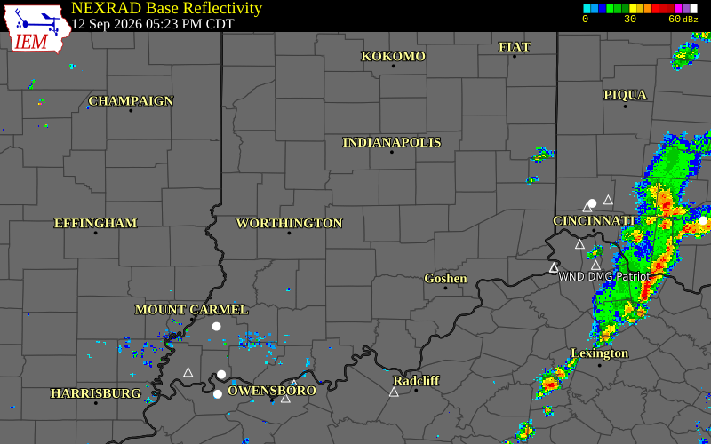Current NEXRAD radar over Greene County, Indiana with recent storm report locations
