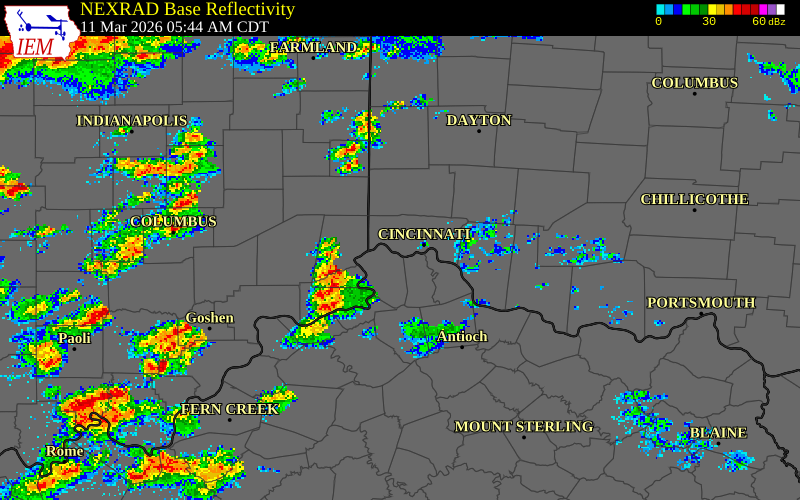 NEXRAD radar during the Wednesday, March 11, 2026 storm activity in Hamilton County, Indiana