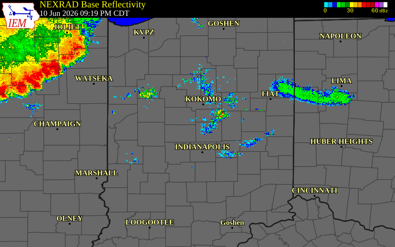Radar snapshot during the Jun 10, 2026 wind event near 5 N Sheridan, Hamilton County, Indiana, with NWS warning polygons