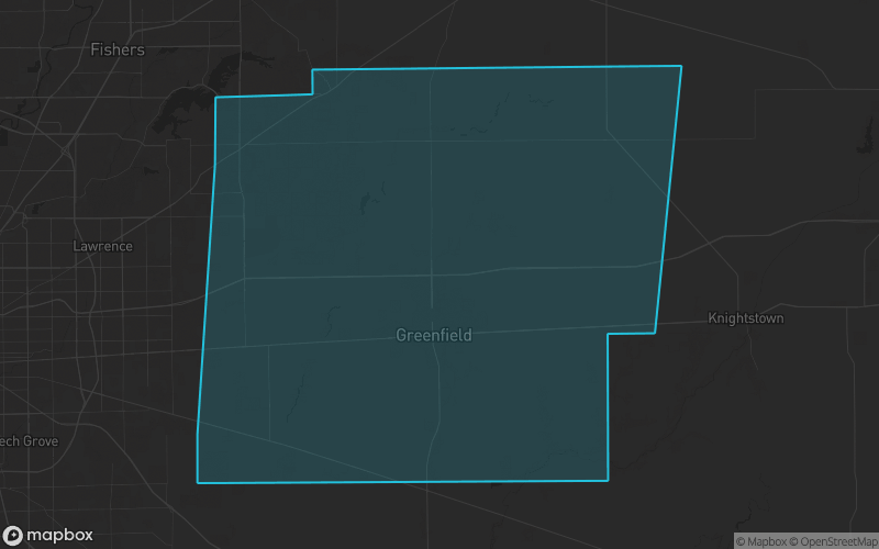 Map of Hancock County, Indiana showing the county boundary and surrounding cities