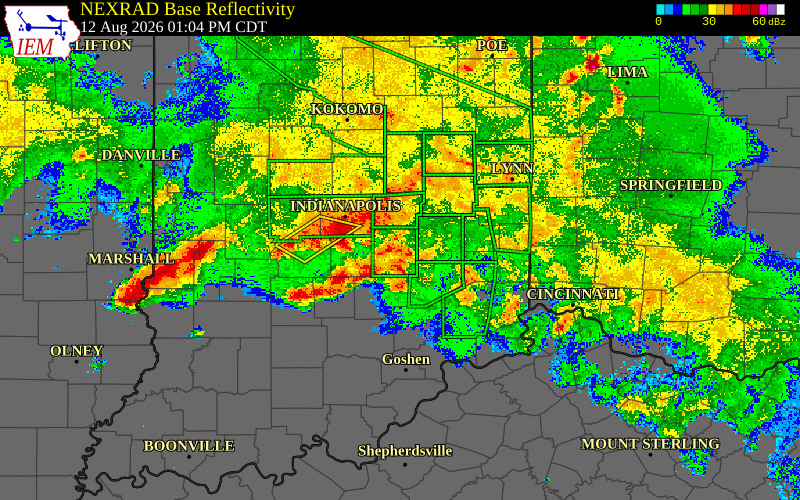 Radar snapshot during the Jun 15, 2026 wind event near 2 N New Palestine, Hancock County, Indiana, with NWS warning polygons