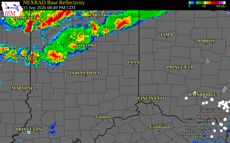 Current NEXRAD radar over Hancock County, Indiana with recent storm report locations