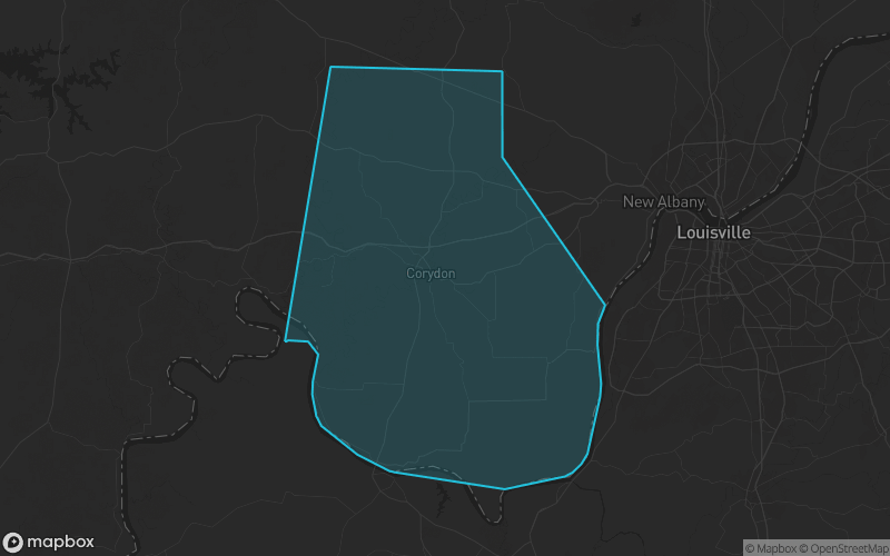 Map of Harrison County, Indiana showing the county boundary and surrounding cities