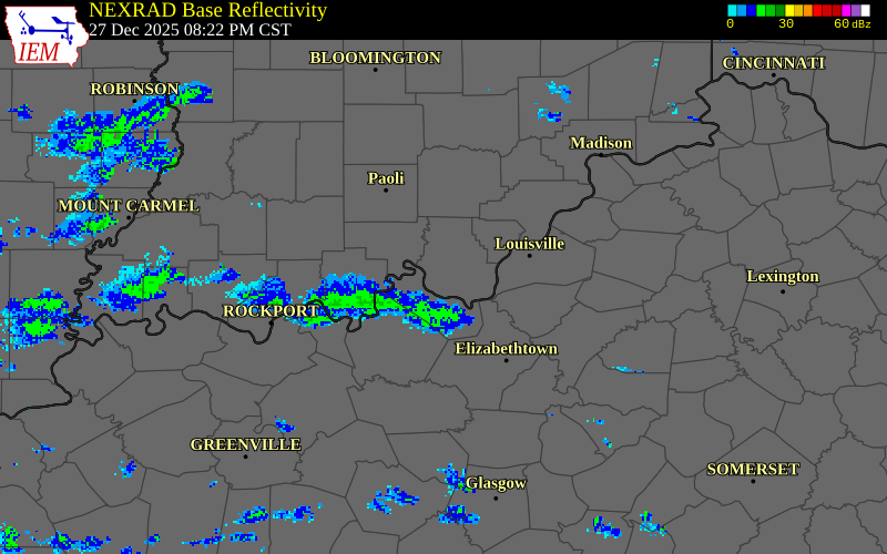 NEXRAD radar during the Saturday, December 27, 2025 storm activity in Harrison County, Indiana
