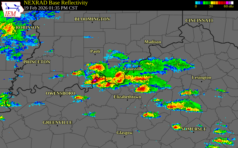 NEXRAD radar during the Thursday, February 19, 2026 storm activity in Harrison County, Indiana