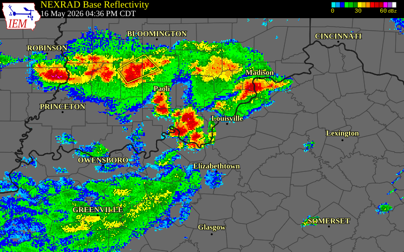 NEXRAD radar during the Saturday, May 16, 2026 storm activity in Harrison County, Indiana