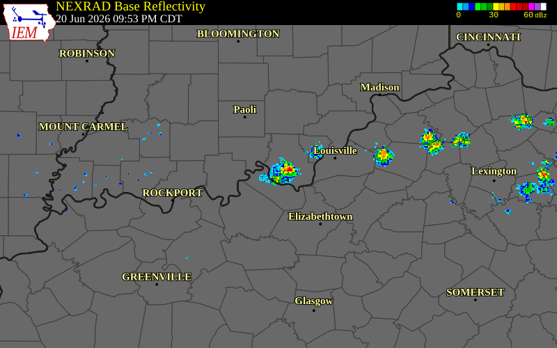NEXRAD radar during the Saturday, June 20, 2026 storm activity in Harrison County, Indiana