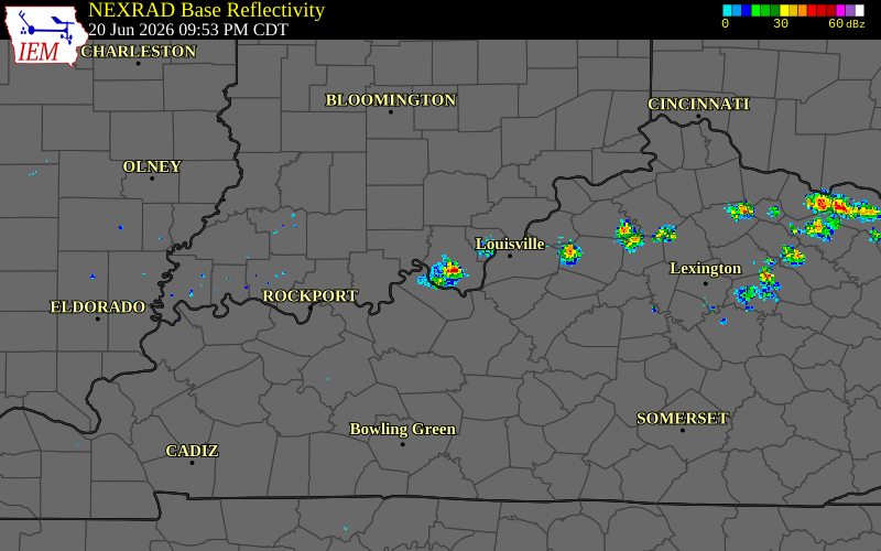 Radar snapshot during the Jun 20, 2026 tornado event near 1 E Valley City, Harrison County, Indiana, with NWS warning polygons