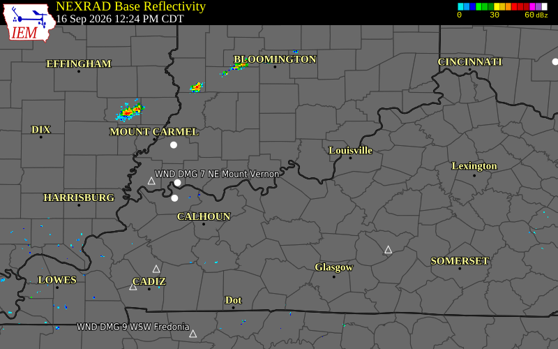 Current NEXRAD radar over Harrison County, Indiana with recent storm report locations