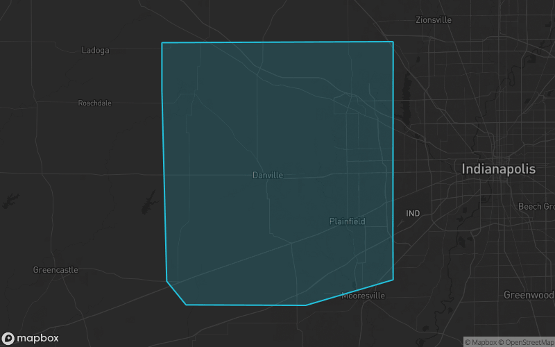 Map of Hendricks County, Indiana showing the county boundary and surrounding cities