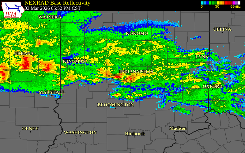 NEXRAD radar during the Tuesday, March 3, 2026 storm activity in Hendricks County, Indiana