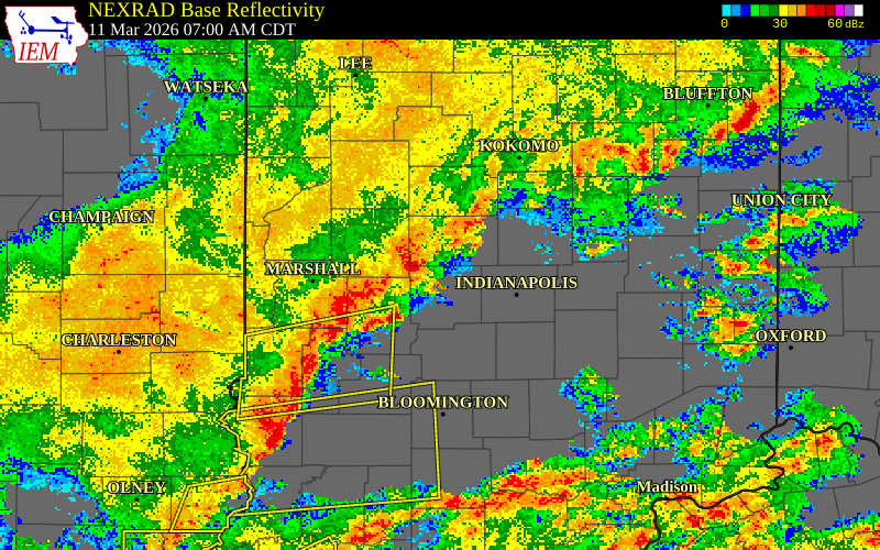 NEXRAD radar during the Wednesday, March 11, 2026 storm activity in Hendricks County, Indiana