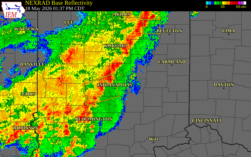 NEXRAD radar during the Monday, May 18, 2026 storm activity in Hendricks County, Indiana
